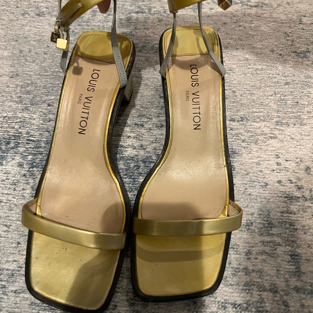 Louis Vuitton Metallic Yellow-Gold Strappy Square-Toe Heels